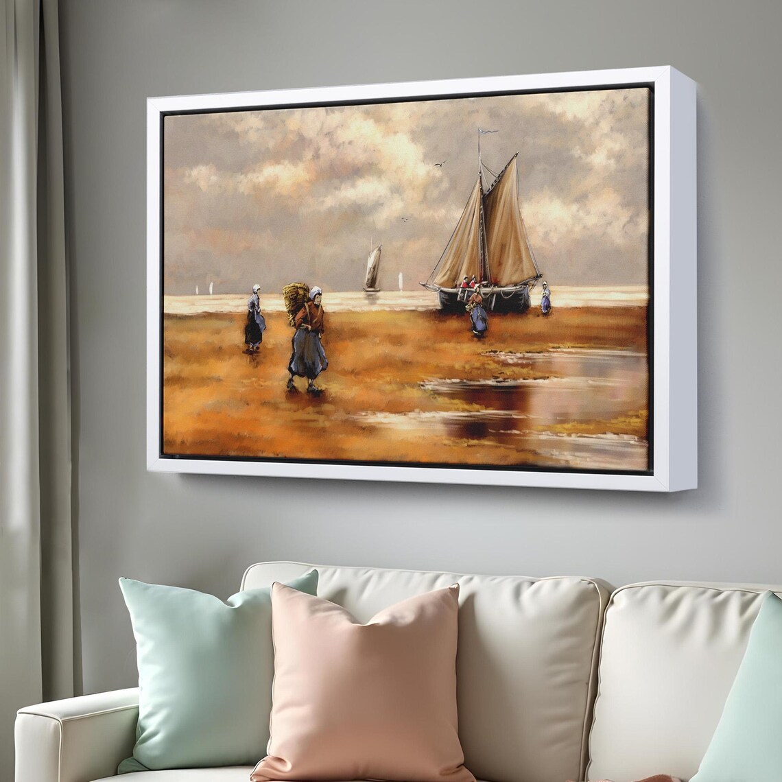 Fishermen Beach Sailboat Classic Seascape Golden Sand Painting Poster - Image 3