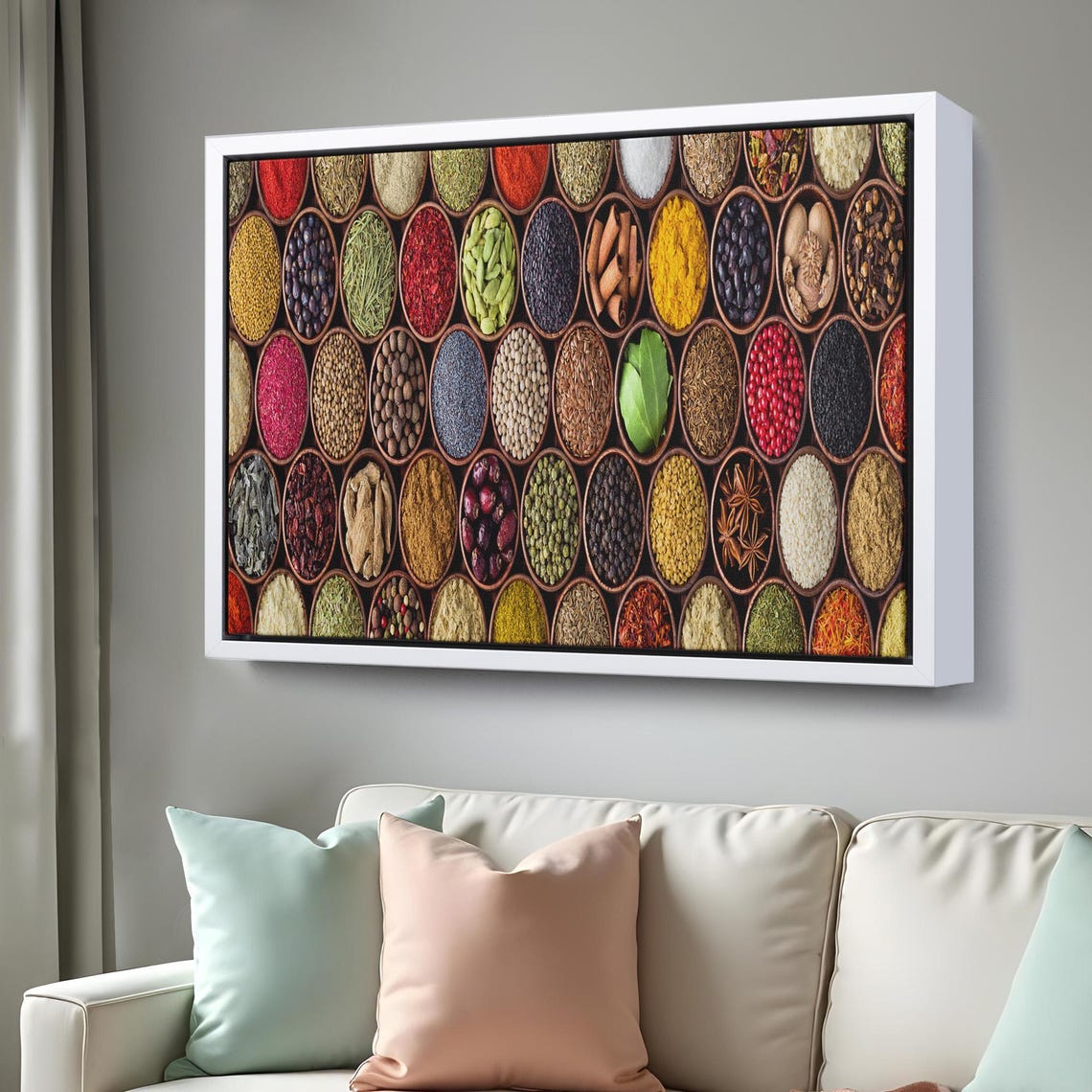 Assorted Spices Wooden Bowls Grid Pattern Kitchen Decor Wall Art - Image 3