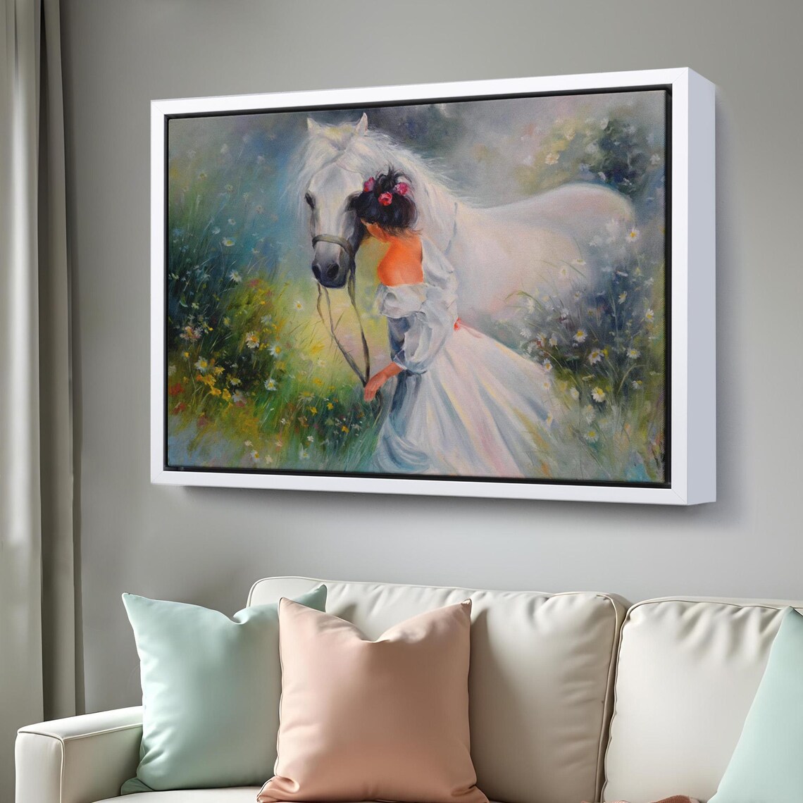 Girl With White Horse Wildflower Meadow Dreamy Oil Painting Poster - Image 3