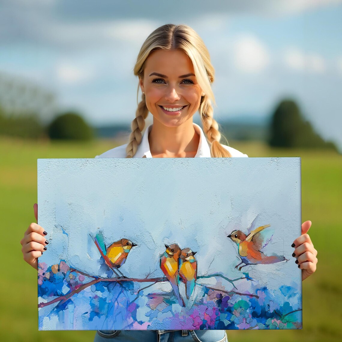 Four Colorful Songbirds on Blossoming Branch Spring Bird Art Poster - Image 5