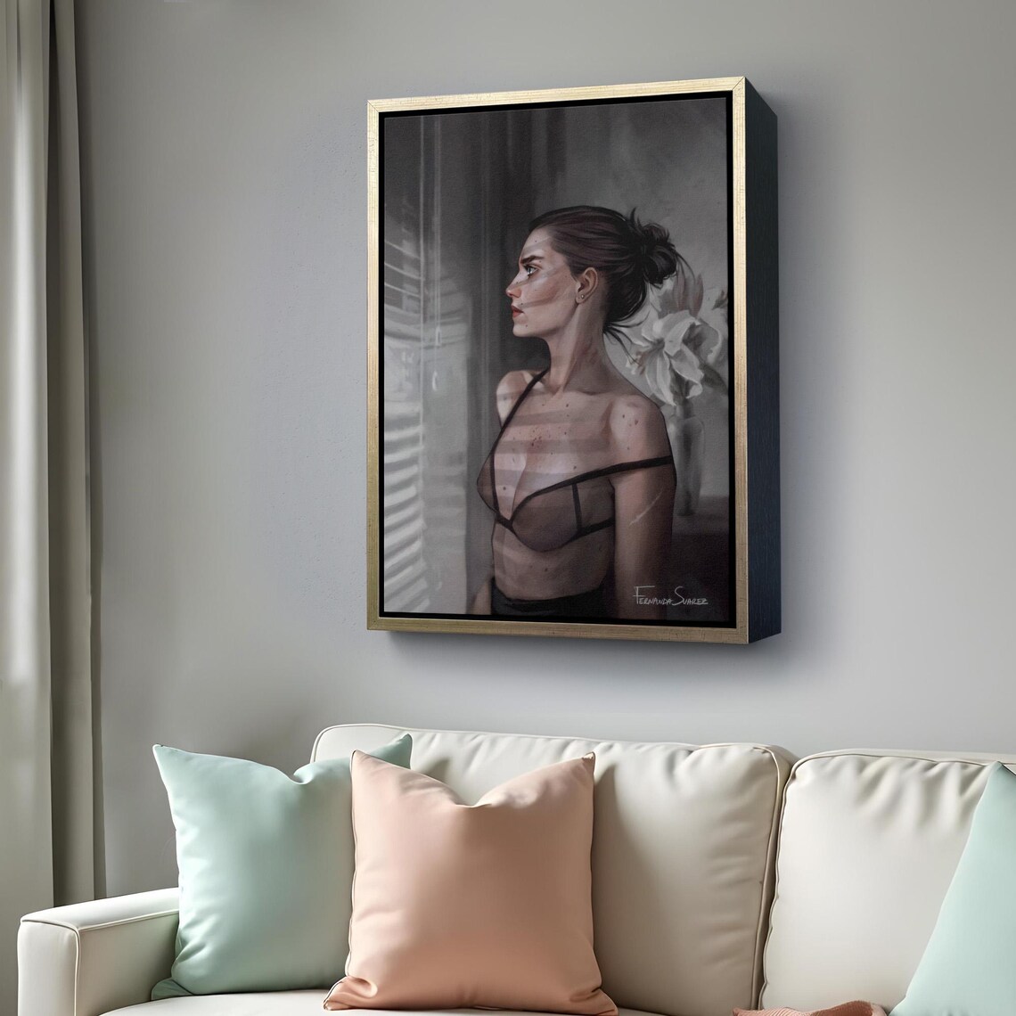 Moody Woman Portrait by Window Grayscale Elegant Fine Art Canvas Poster - Image 4