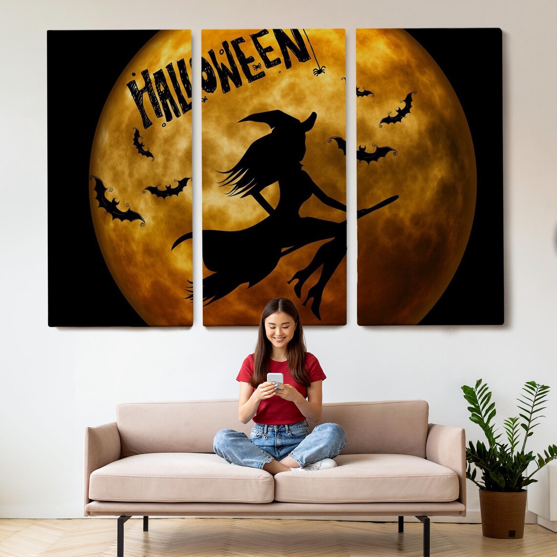 Halloween Witch Flying Broom Full Moon Bats Spooky Night Sky Wall Art Poster - Image 2