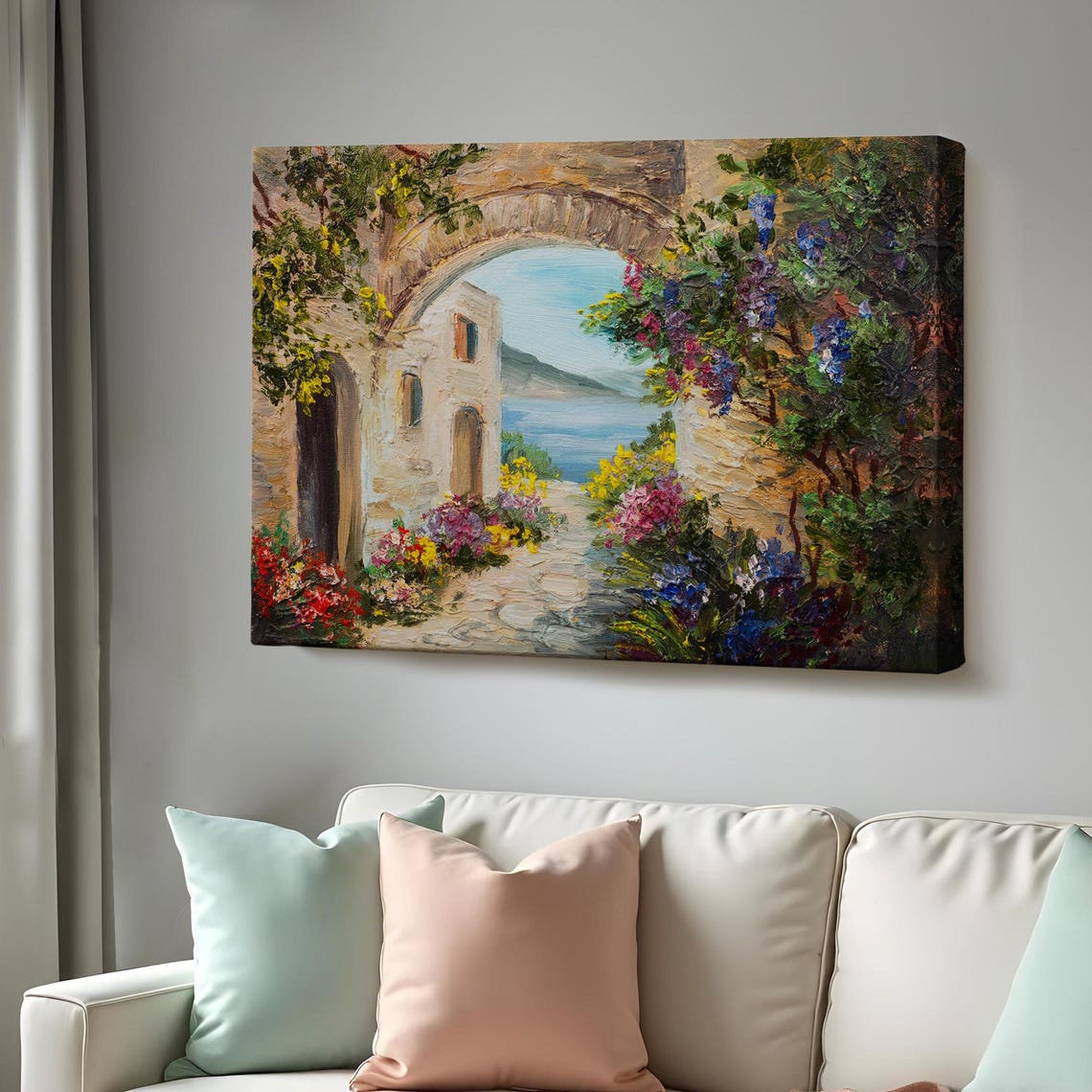 Mediterranean Stone Archway With Flowers Overlooking Sea View Poster