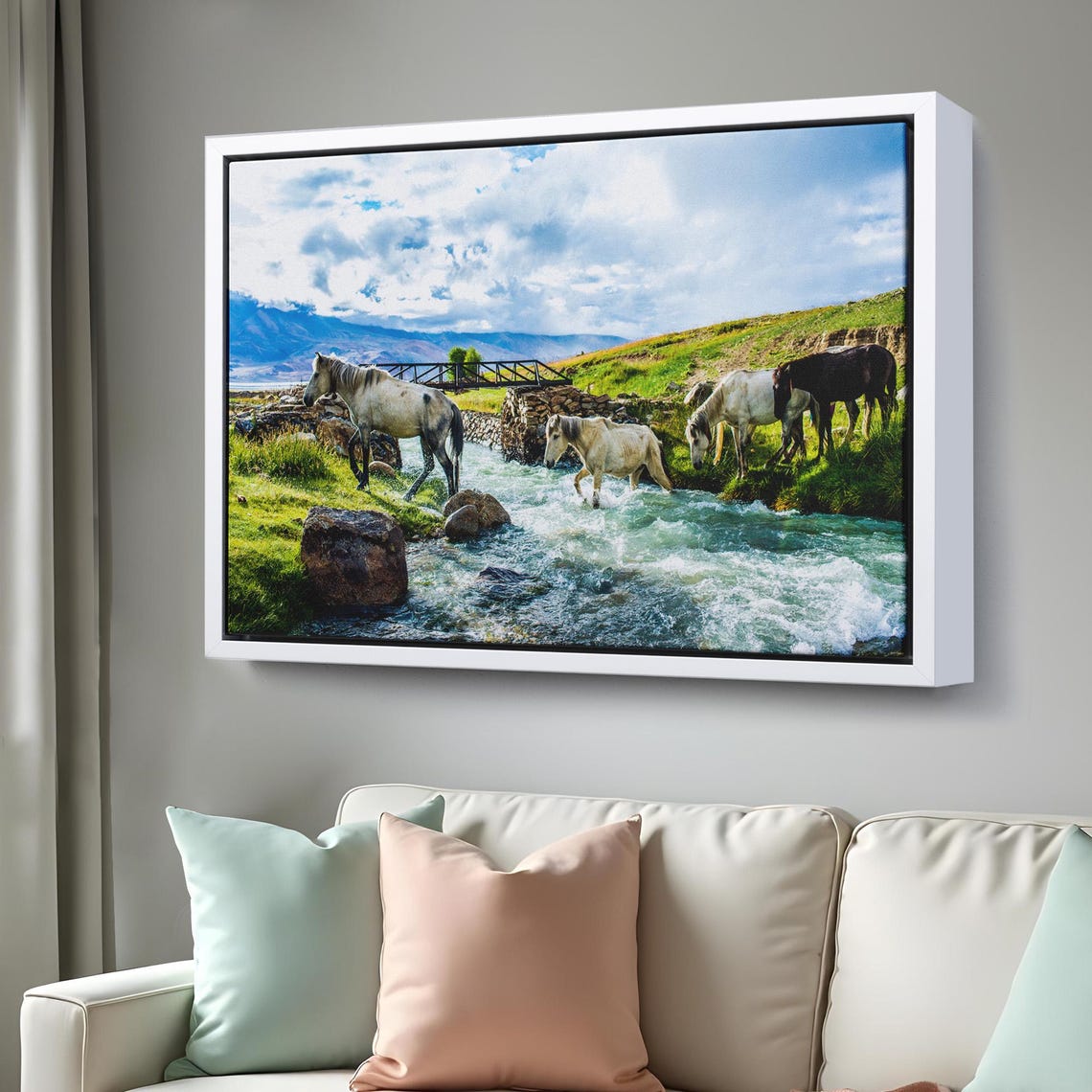 Wild Horses Crossing Mountain River Rushing Stream Nature Wall Art - Image 3