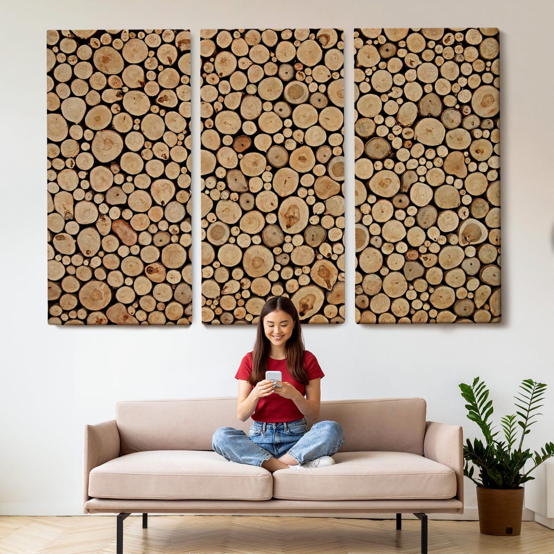 Stacked Wood Log Cross Sections Natural Timber Pattern Rustic Wall Art - Image 2