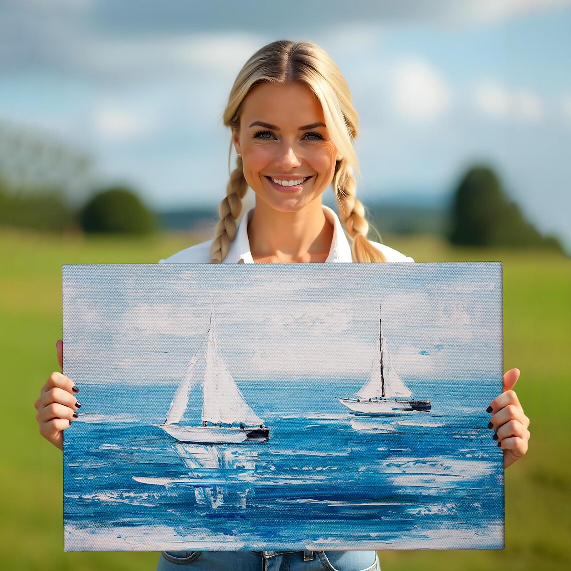 White Sailboats Blue Sea Summer Sailing Seascape Oil Painting Poster - Image 5