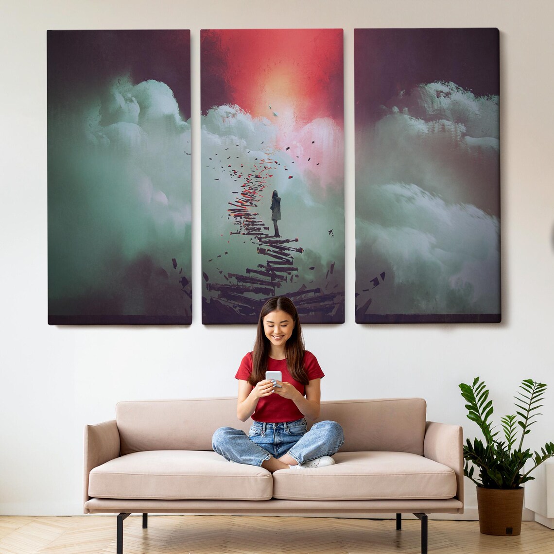 Girl Climbing Broken Ladder To Sky Clouds Surreal Dream Art Poster - Image 2