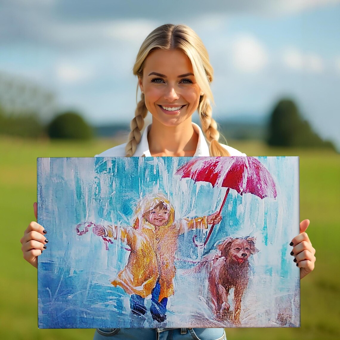Boy Walking Dog In Rain Red Umbrella Raincoat Cute Art Poster - Image 5
