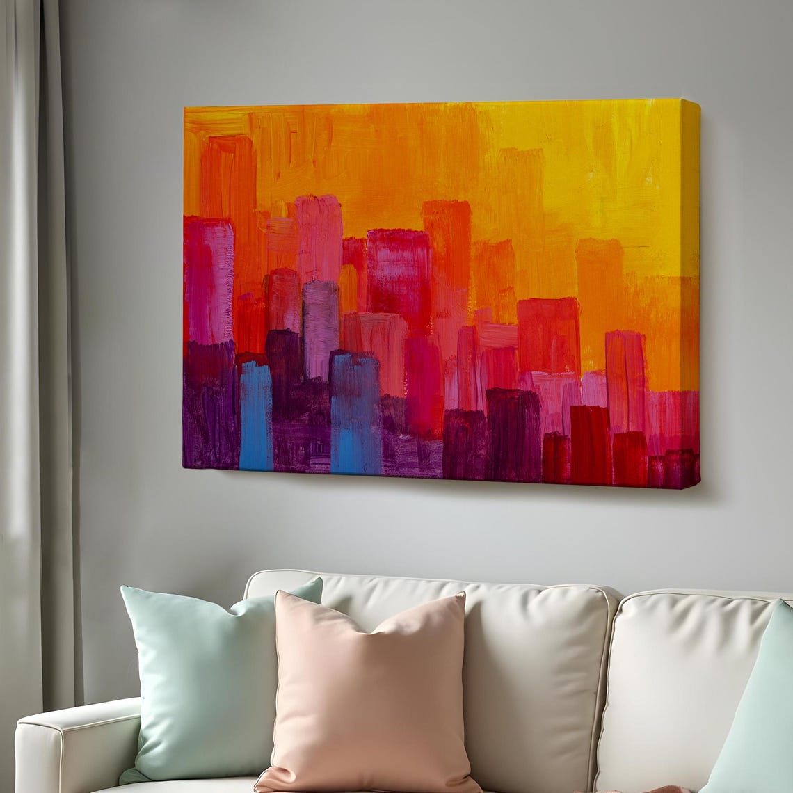 Abstract Magenta City Skyline Orange Sunset Bold Modern Art Print