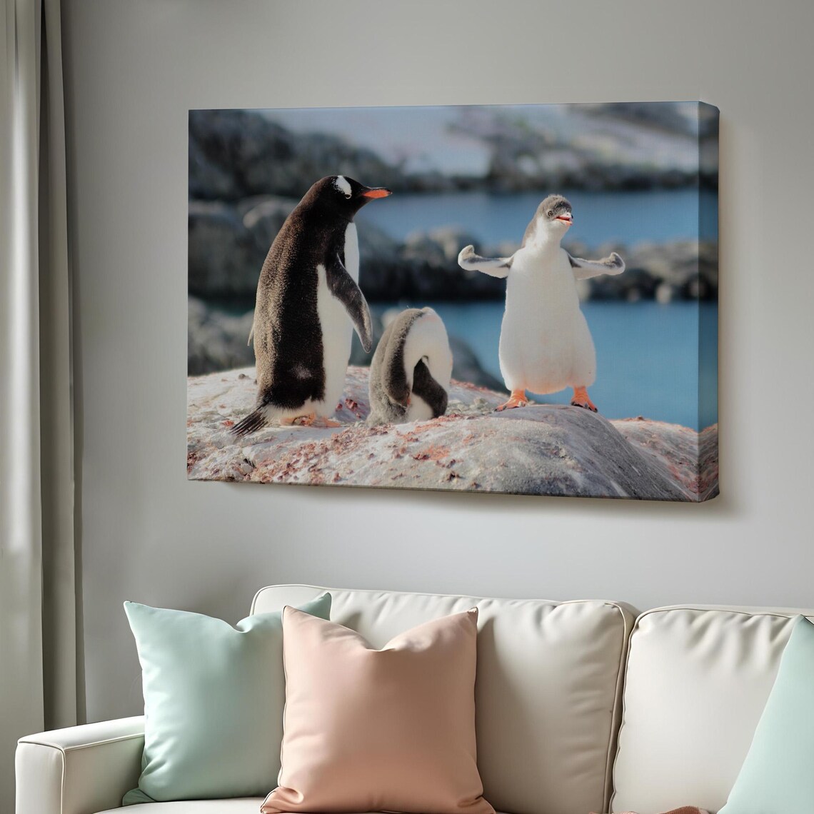 Happy Penguin Family Rocky Shore Cute Baby Penguin Photography Poster