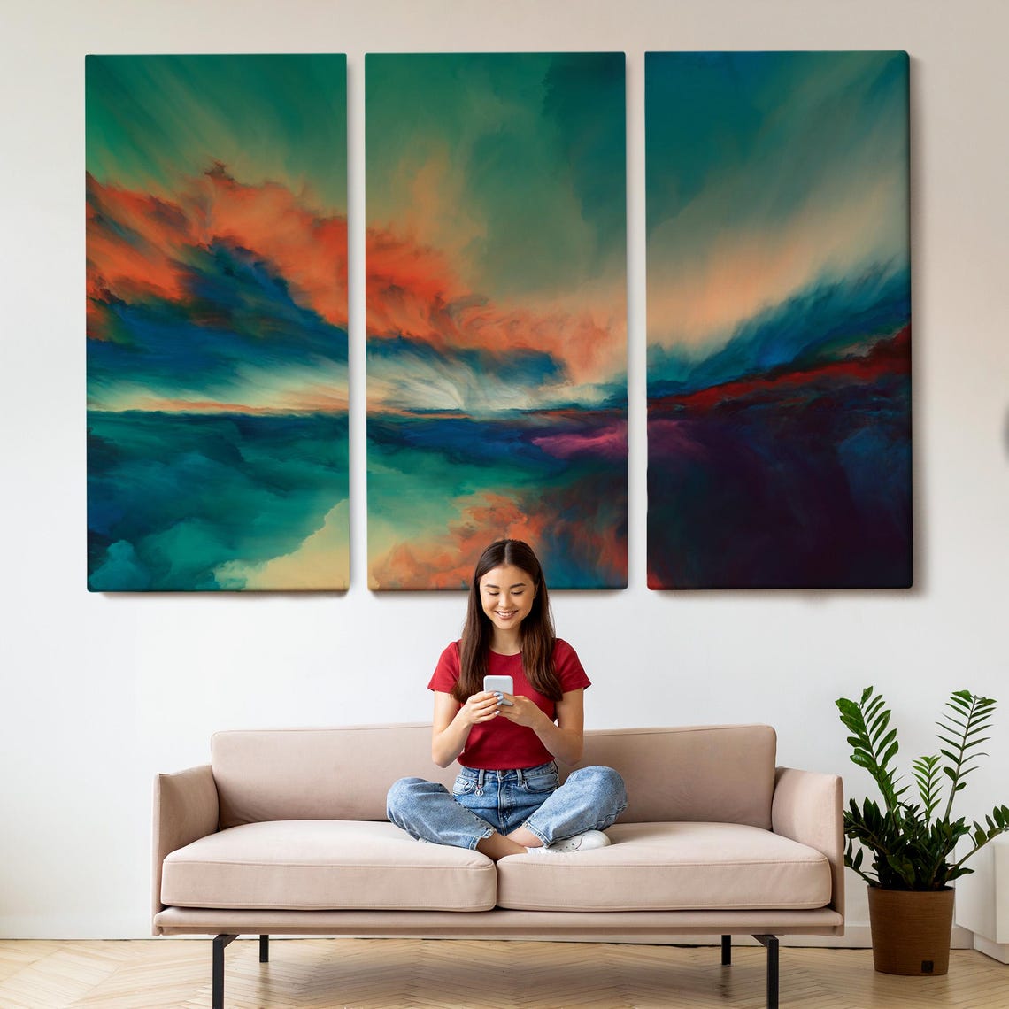 Abstract Teal and Coral Ocean Sunset Swirling Color Modern Art Poster - Image 2
