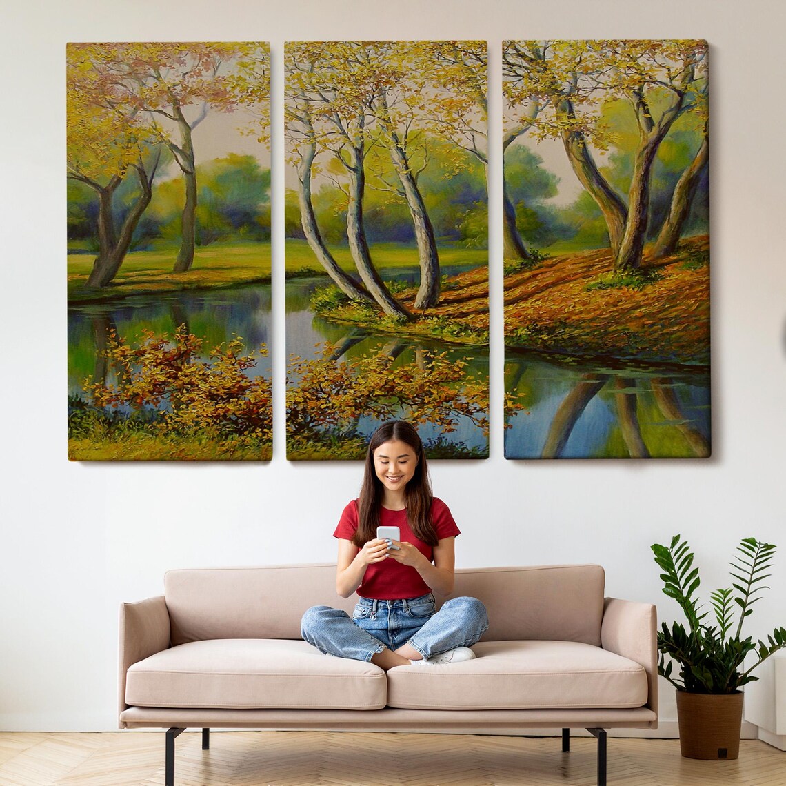 Golden Autumn Riverbend Trees Reflection Oil Painting Nature Poster - Image 2