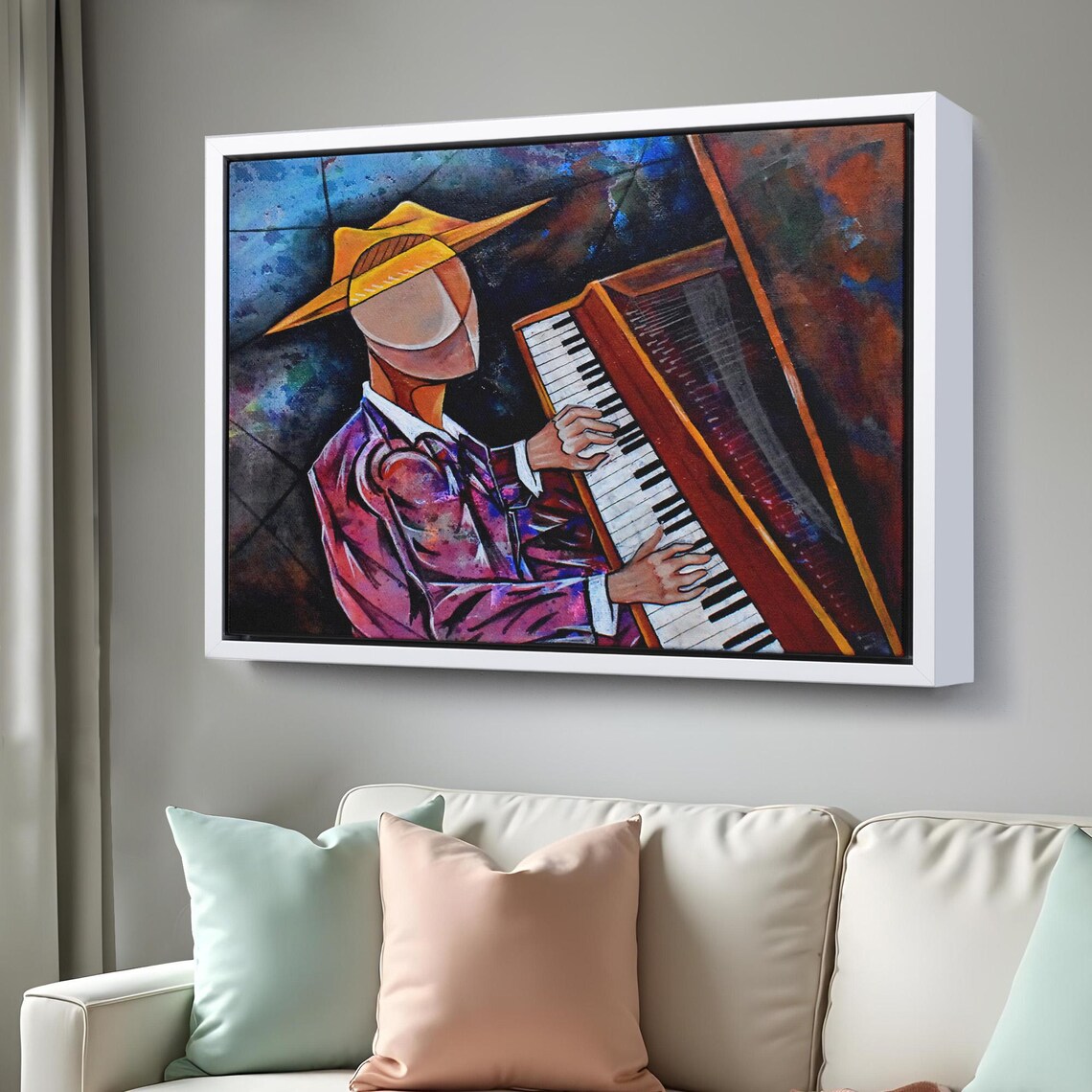 Abstract Jazz Pianist in Wide Brim Hat Playing Piano Colorful Art Poster - Image 3