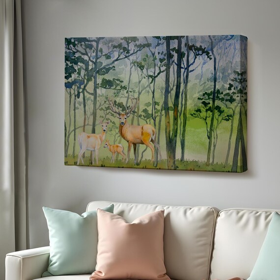 Deer Family Birch Forest Watercolor Stag Doe Fawn Wildlife Poster