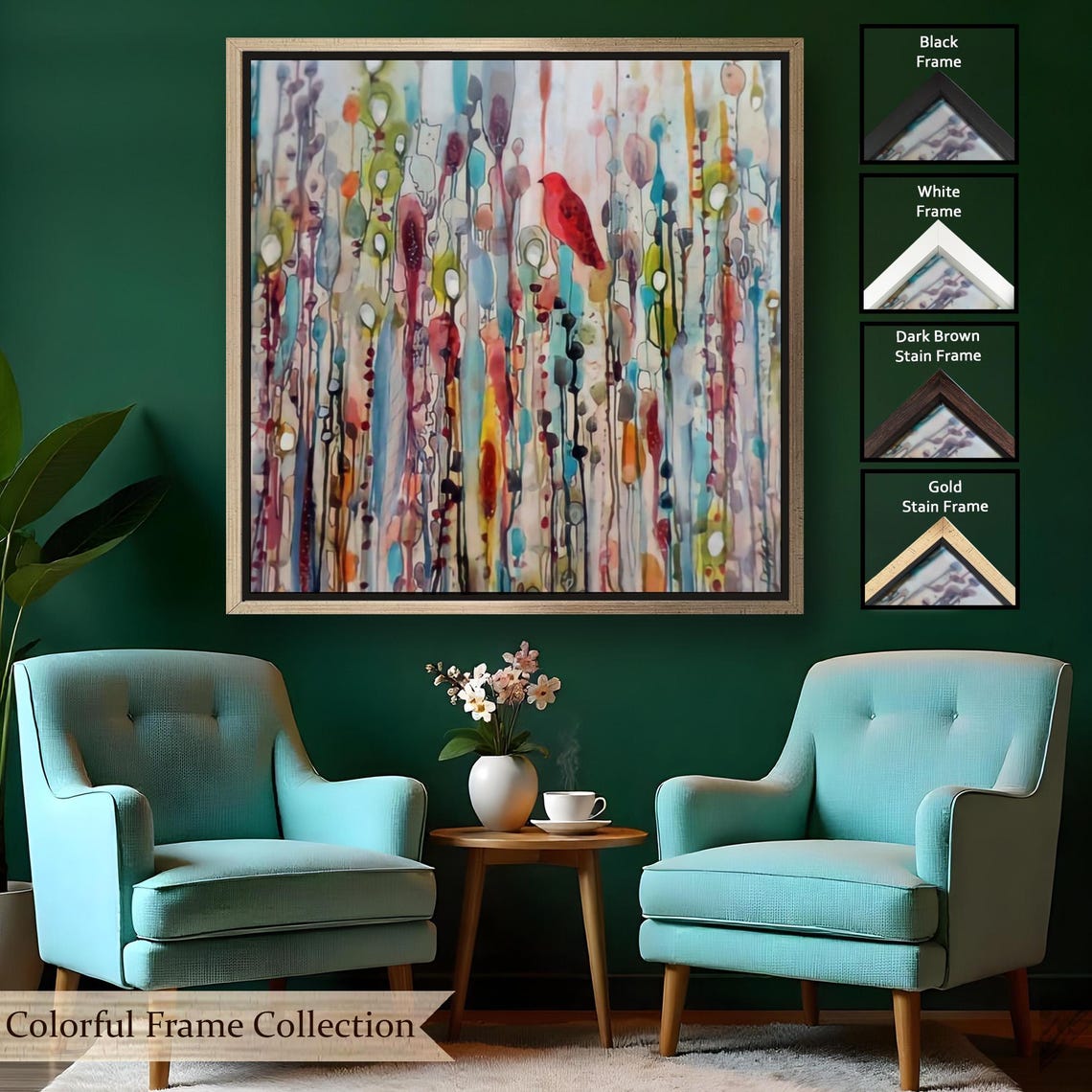 Colorful Abstract Watercolor Rain Red Bird Silhouette Art Poster - Image 2