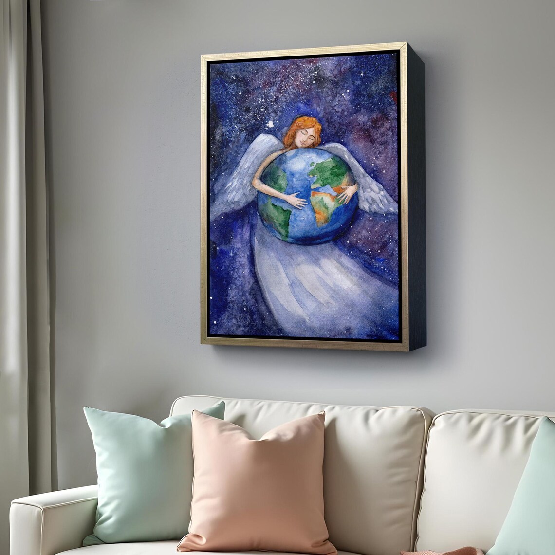 Angel Embracing Planet Earth In Starry Night Sky Watercolor Wall Art - Image 4