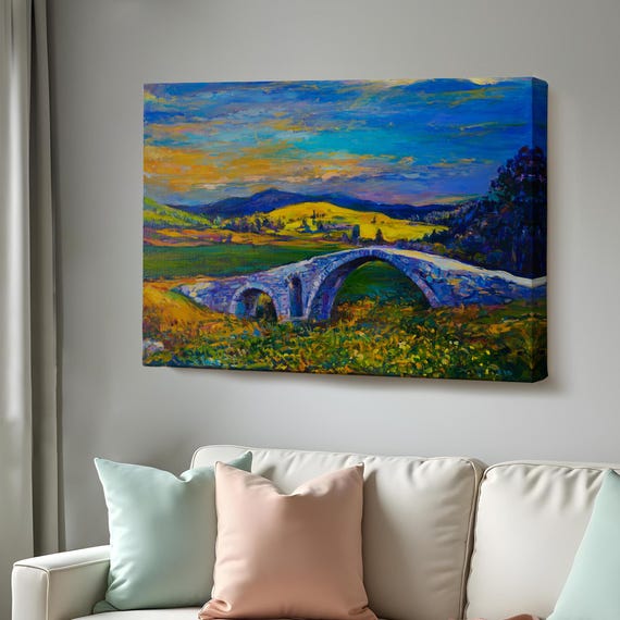 Village Stone Bridge Sunset Landscape Wall Painting Nature Wall Decor Landscape Wall Table Nature Print