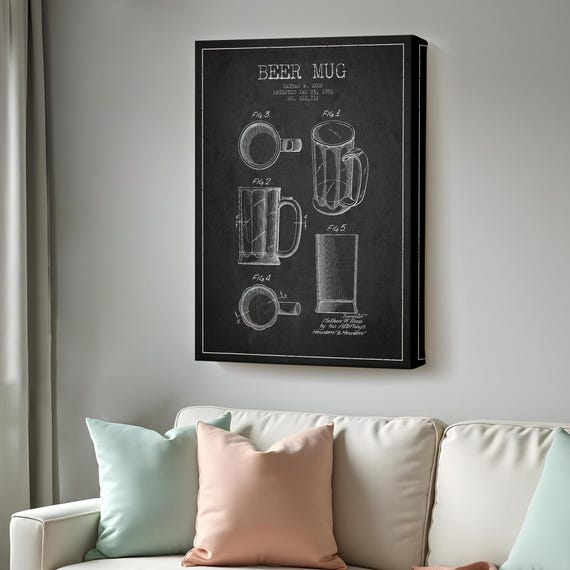 1951 Beer Mug Patent Drawing Decorative Wall Art Home Decor Classic Art Room Decor Wall Art