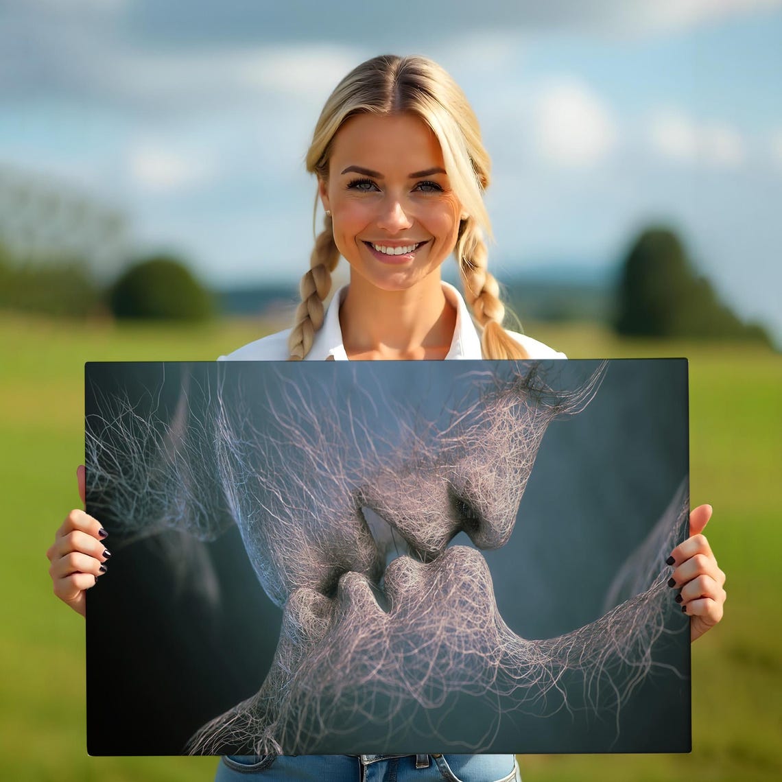 Lovers Faces Formed Of Fine Threads Romantic Couple Kiss Print - Image 5