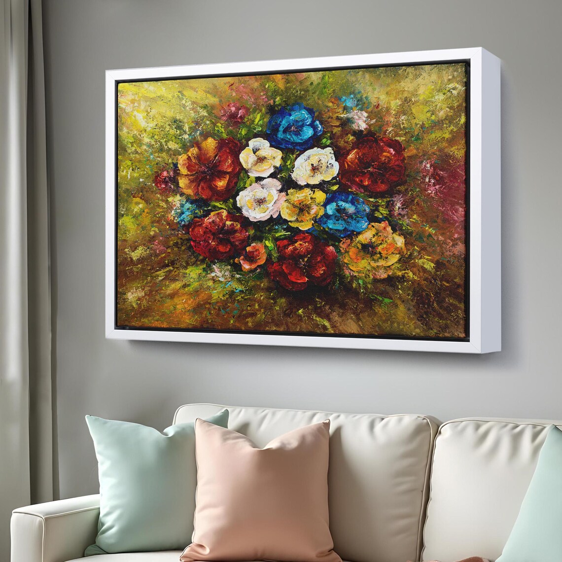 Colorful Flower Bouquet Oil Painting Red Blue Blooms Floral Art Poster - Image 3