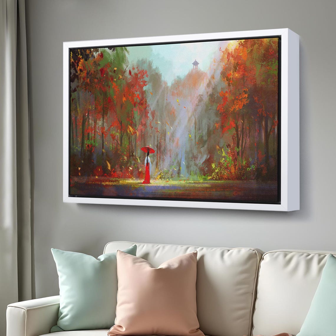 Japanese Woman Red Kimono Autumn Forest Sunlight Pagoda Art Poster - Image 3