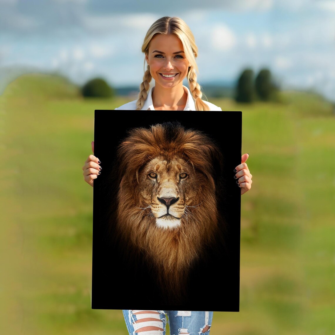 Lion Face Front Portrait Dark Background Amber Eyes Majestic Wildlife Wall Art Poster - Image 5