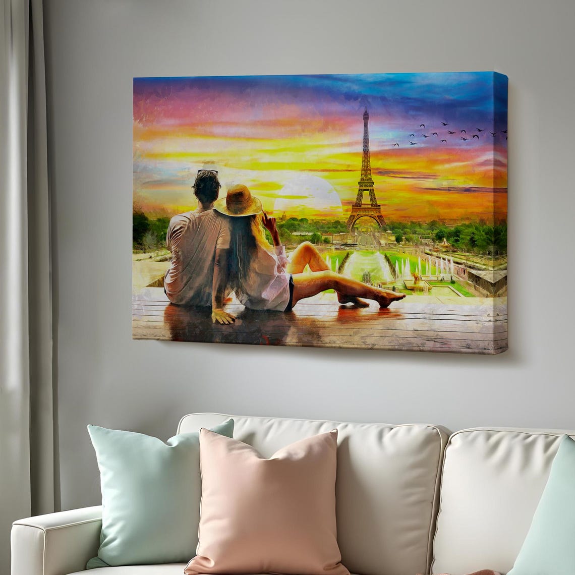 Paris Eiffel Tower Sunset Romantic Couple Overlook Painting Poster