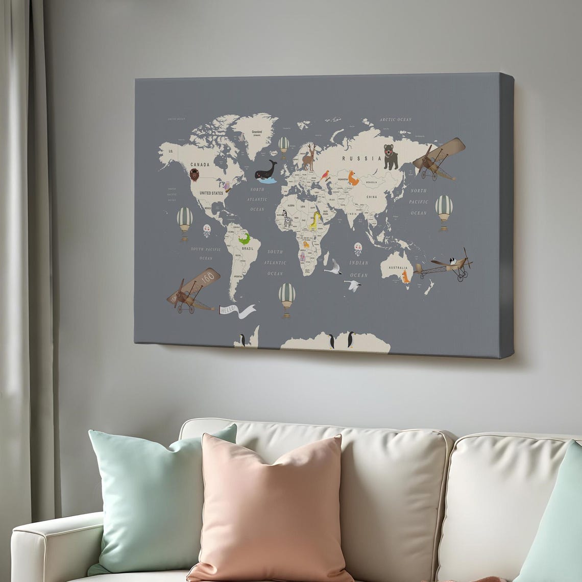 Kids World Map Animals Airplanes Nursery Educational Wall Art Poster