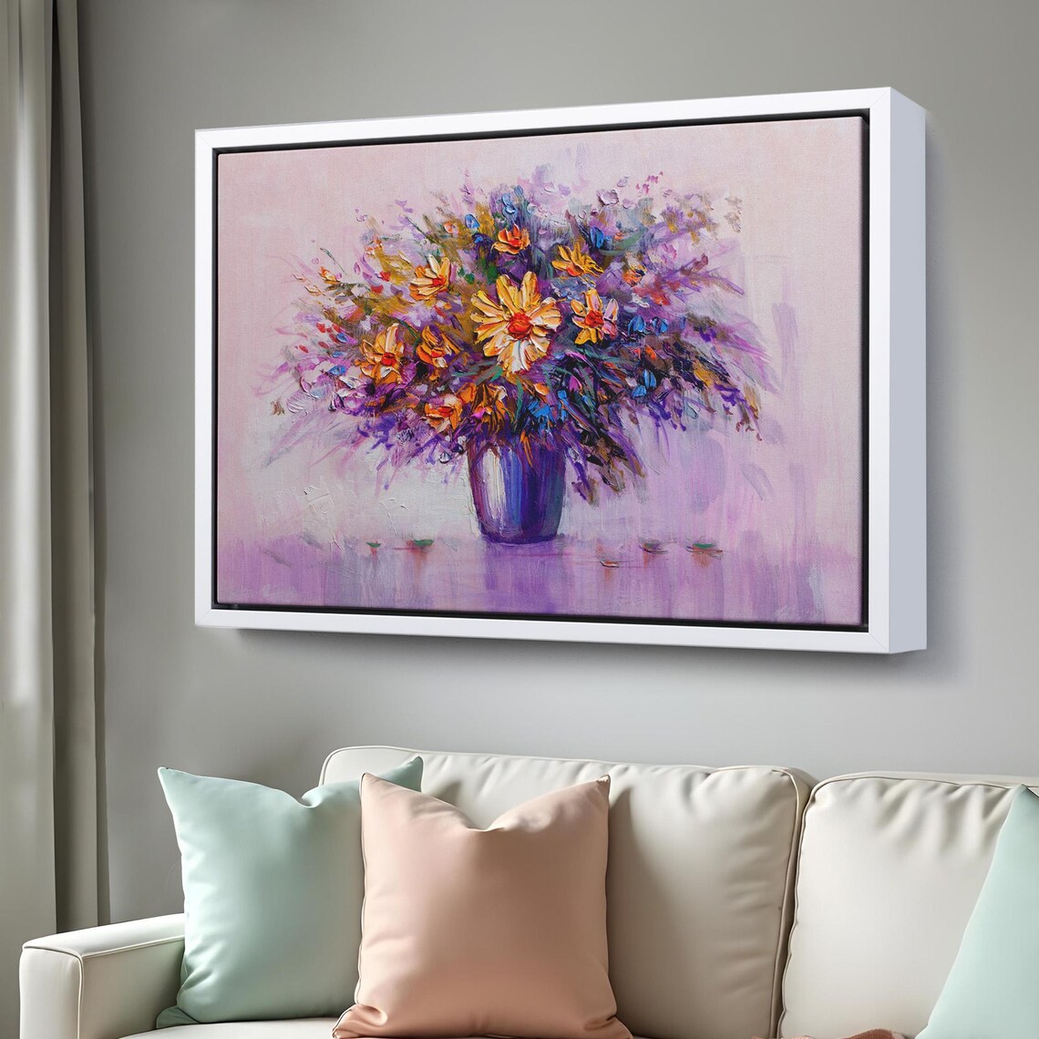 Colorful Wildflowers Blue Vase Purple Background Oil Painting Wall Art - Image 3