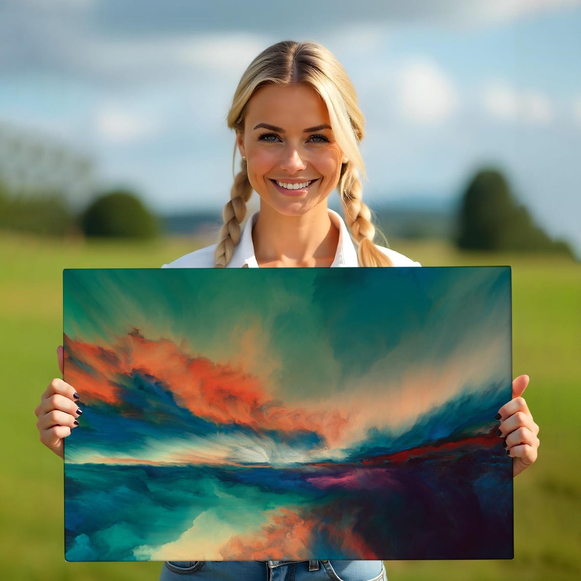 Abstract Teal and Coral Ocean Sunset Swirling Color Modern Art Poster - Image 5