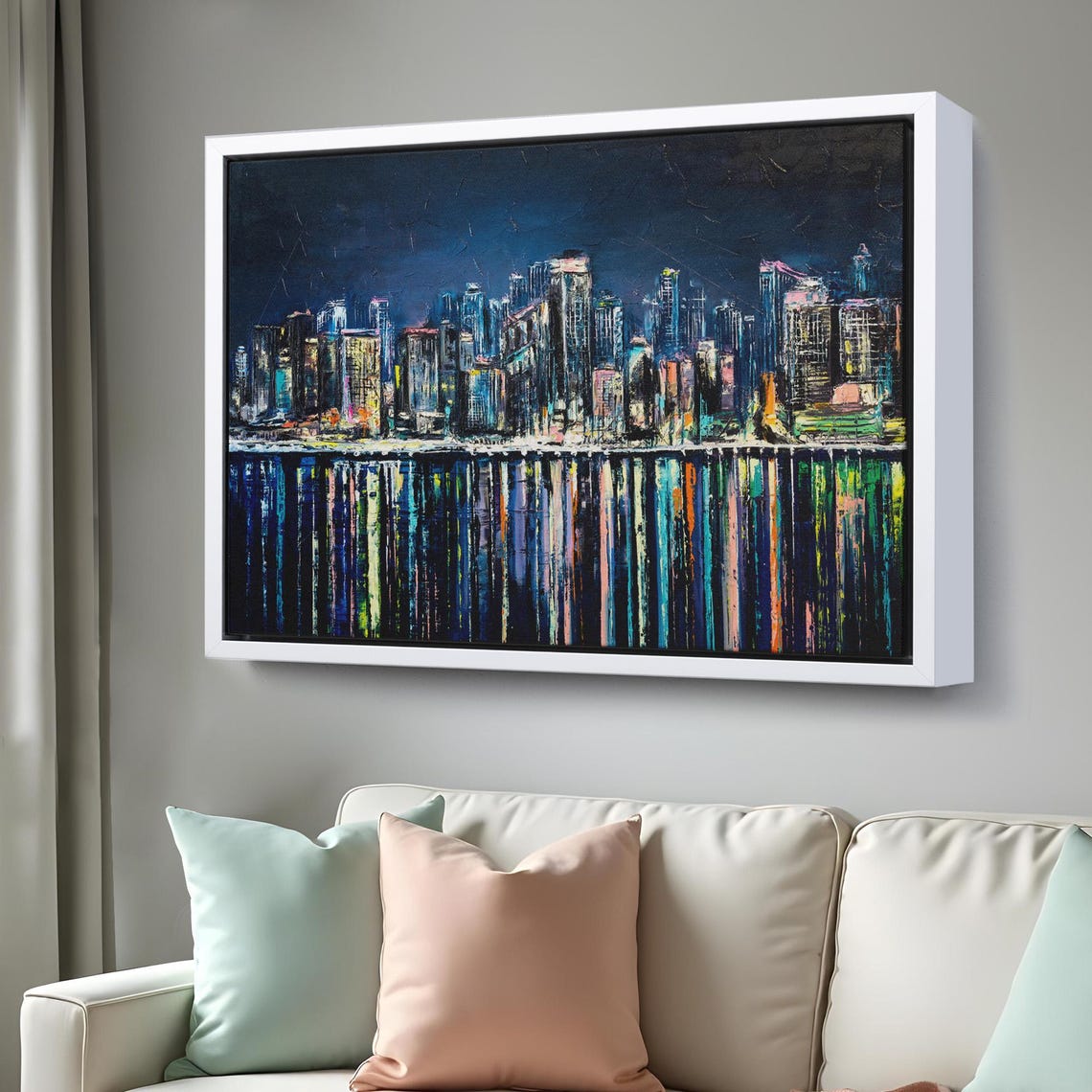 Coastal City Skyline Night Lights Water Reflection Canvas Poster - Image 3