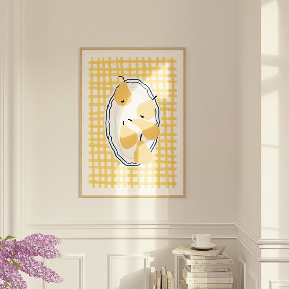 Yellow Pears Fruit Plate Checkered Background Minimalist Kitchen Poster