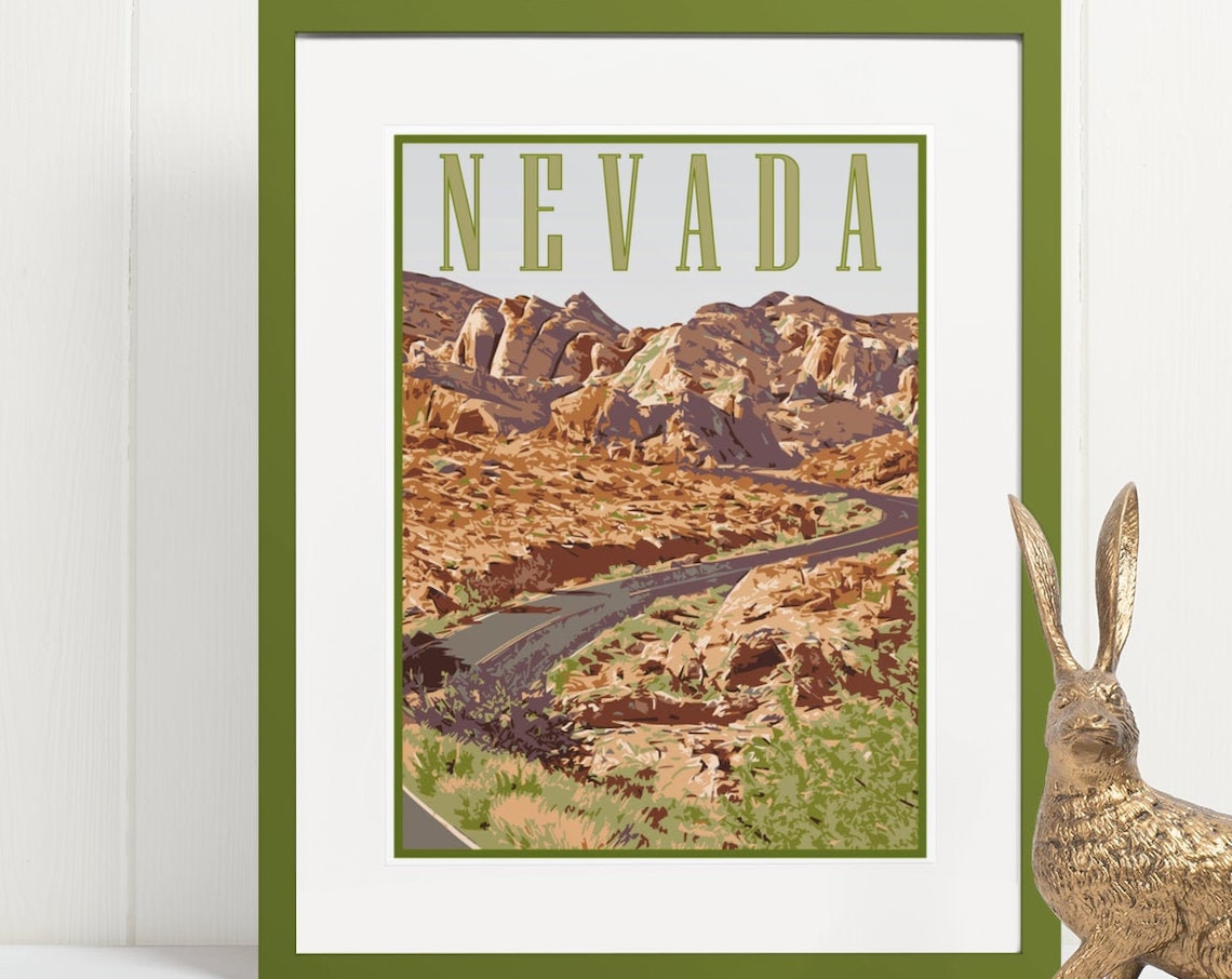 Nevada Desert Mountain Road Vintage Southwest Scenic Travel Poster