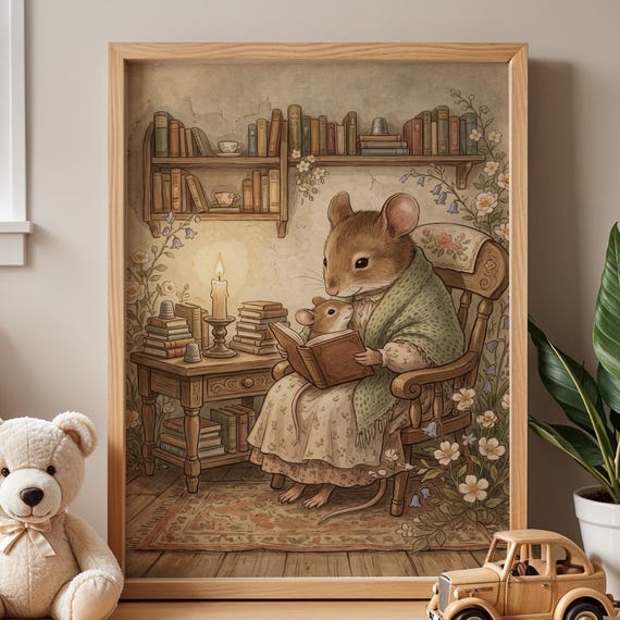 Vintage Storybook Mouse Nursery Wall Art Whimsical Woodland Animal Print Heirloom Bedtime Illustration Cottagecore Kids Baby Room Decor