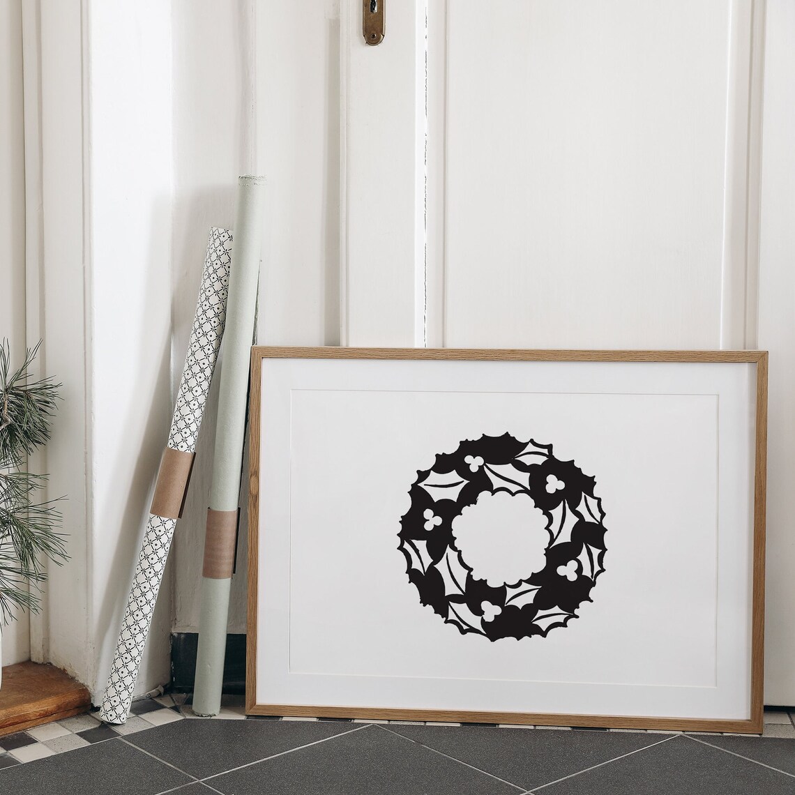 Black Holly Wreath Minimalist Christmas Botanical Holiday Poster - Image 3