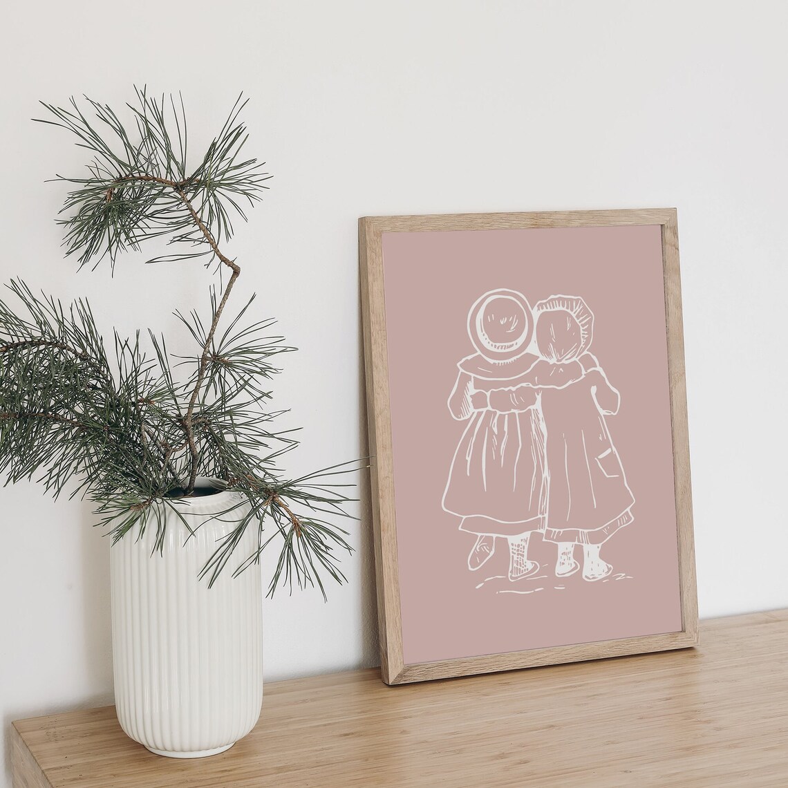 Vintage Girls Hand in Hand Blush Pink Retro Holiday Art Poster - Image 3