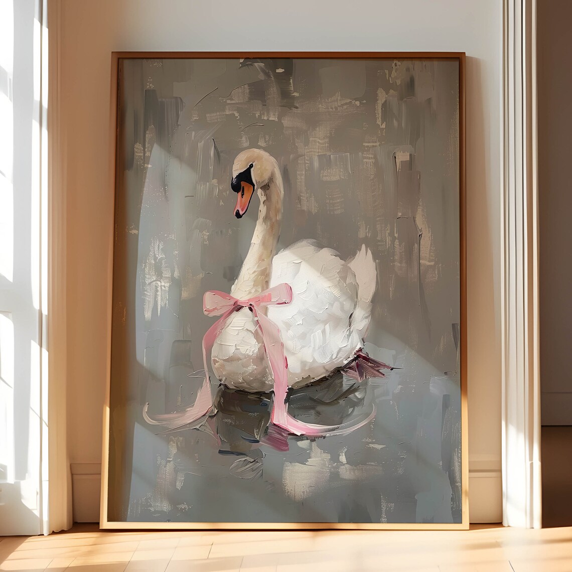White Swan Pink Bow Elegant Painterly Girly Coquette Art Poster