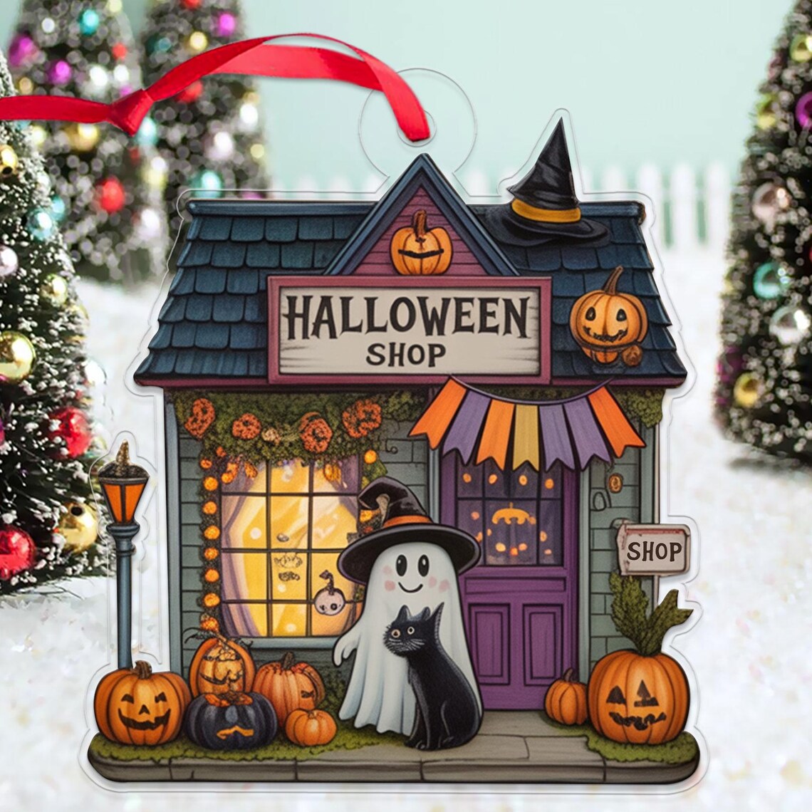 Halloween Shop Ghost Black Cat Pumpkins Acrylic Ornament Spooky Poster