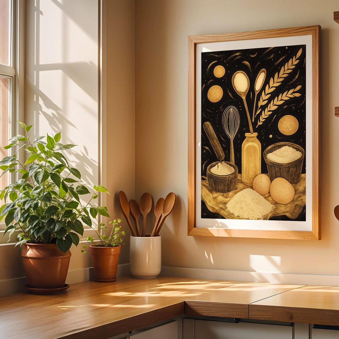Golden Wheat Flour Baking Still Life on Black Kitchen Art Poster - Image 5