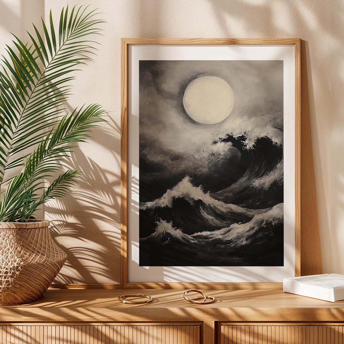 Dramatic Moonlit Ocean Waves Black and White Coastal Art Poster