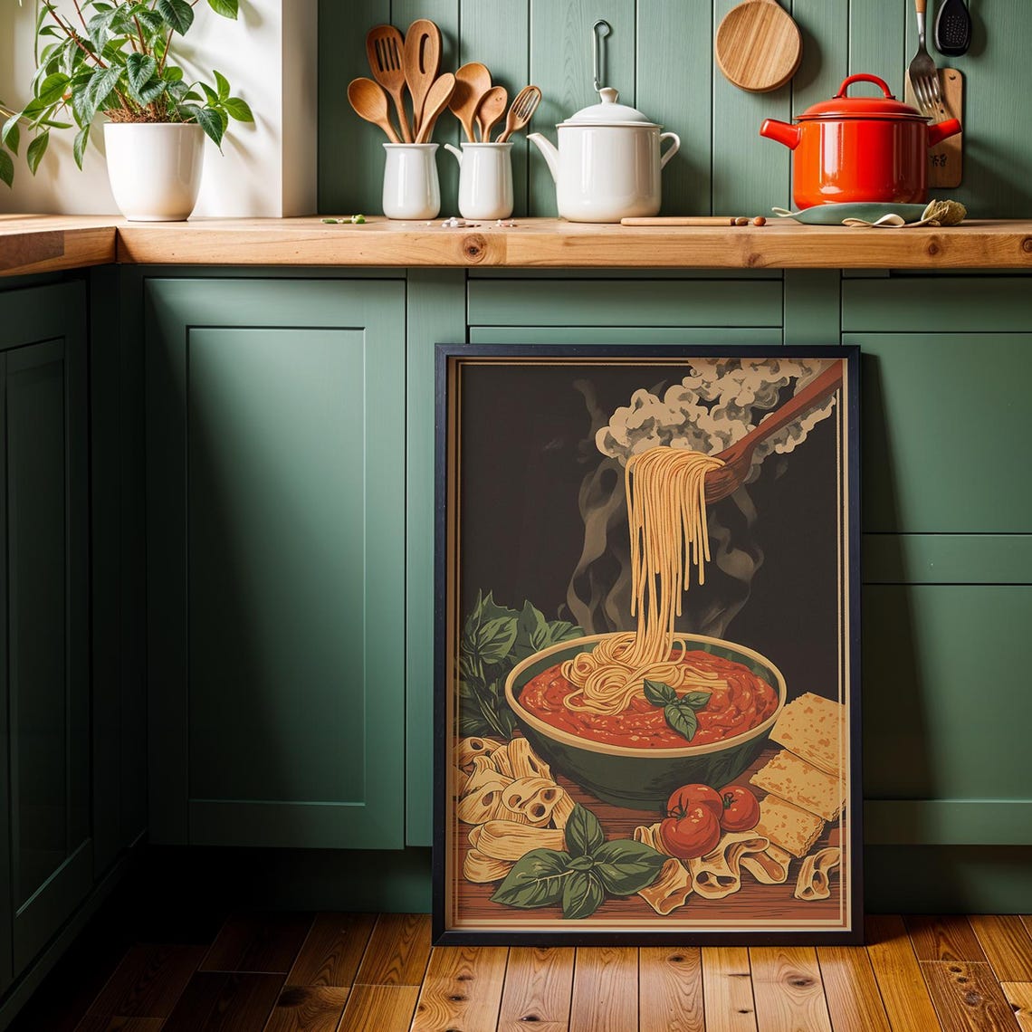 Vintage Spaghetti Pasta Tomato Basil Retro Italian Kitchen Poster