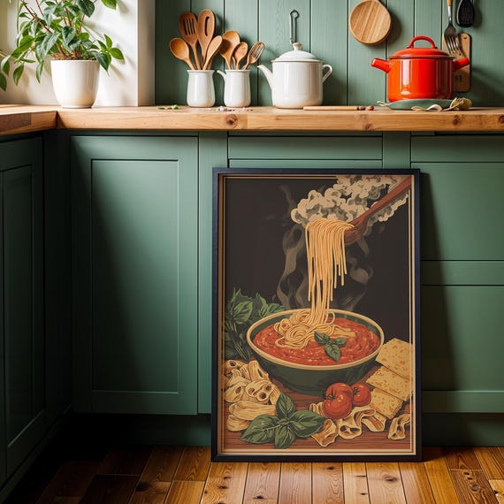 Vintage Pasta Art Print Italian Kitchen Decor Rustic Spaghetti Tomato Illustration