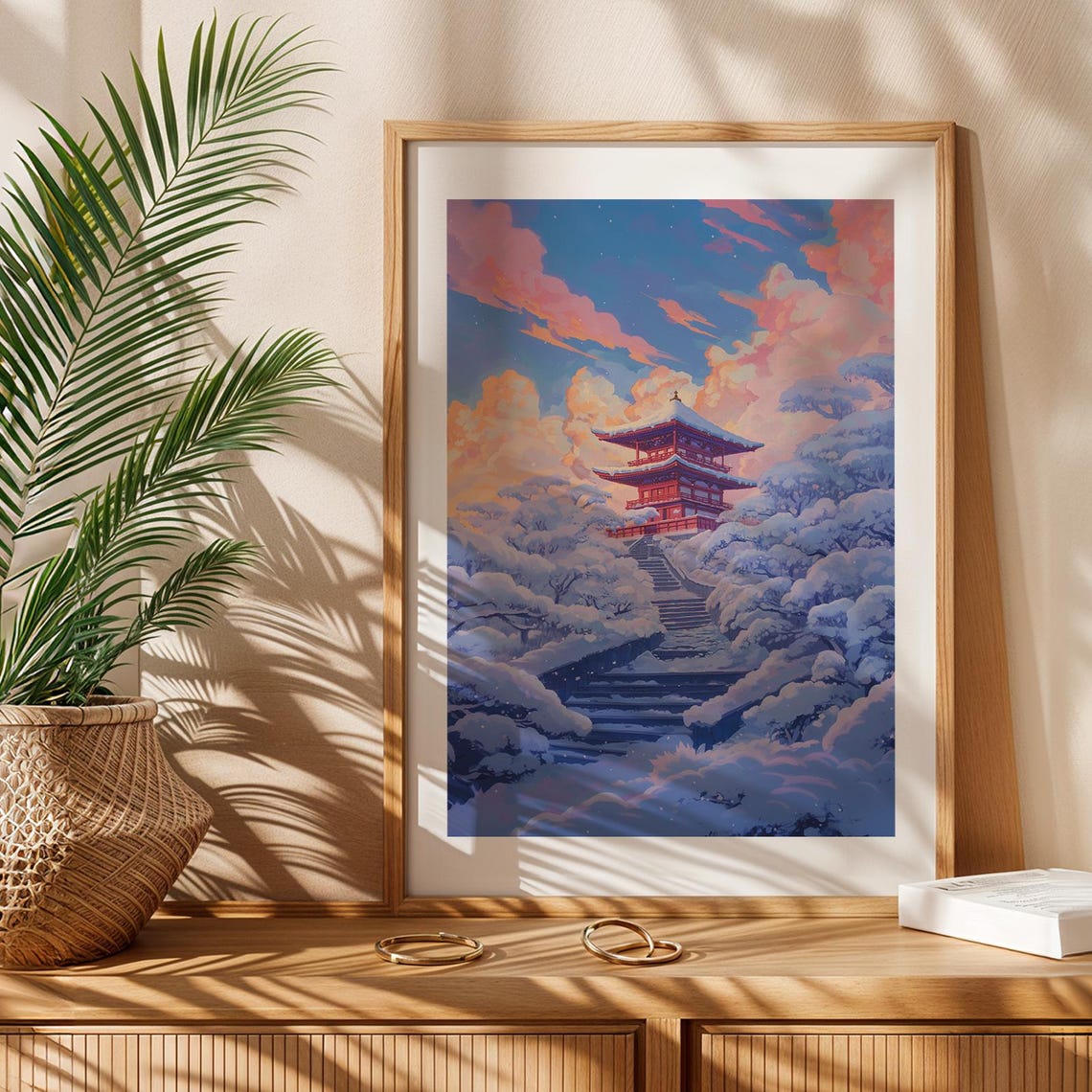 Red Pagoda Above Clouds Stone Steps Pink Sky Anime Landscape Poster