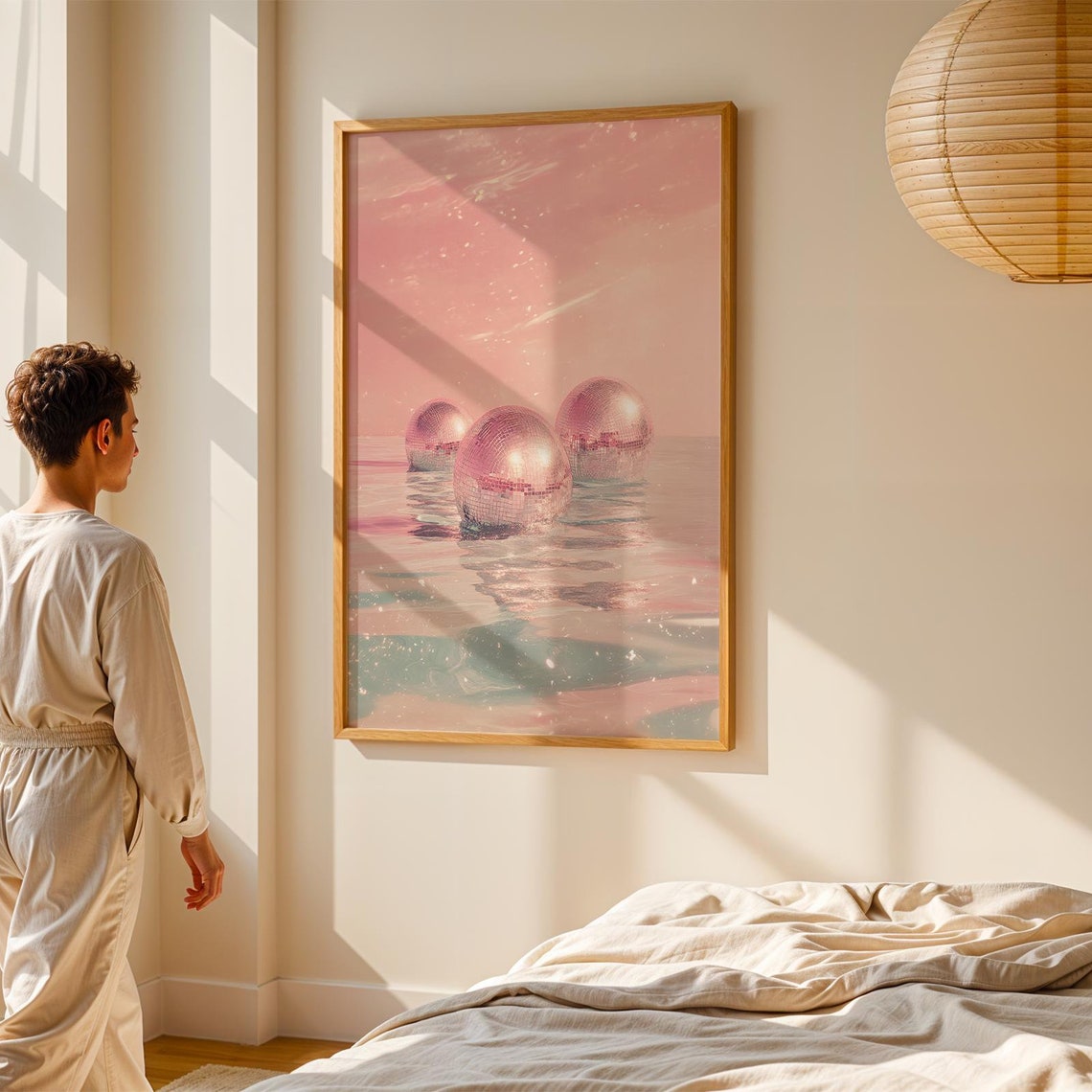 Dreamy Pink Disco Balls Floating on a Calm Sparkling Ocean Poster - Image 5