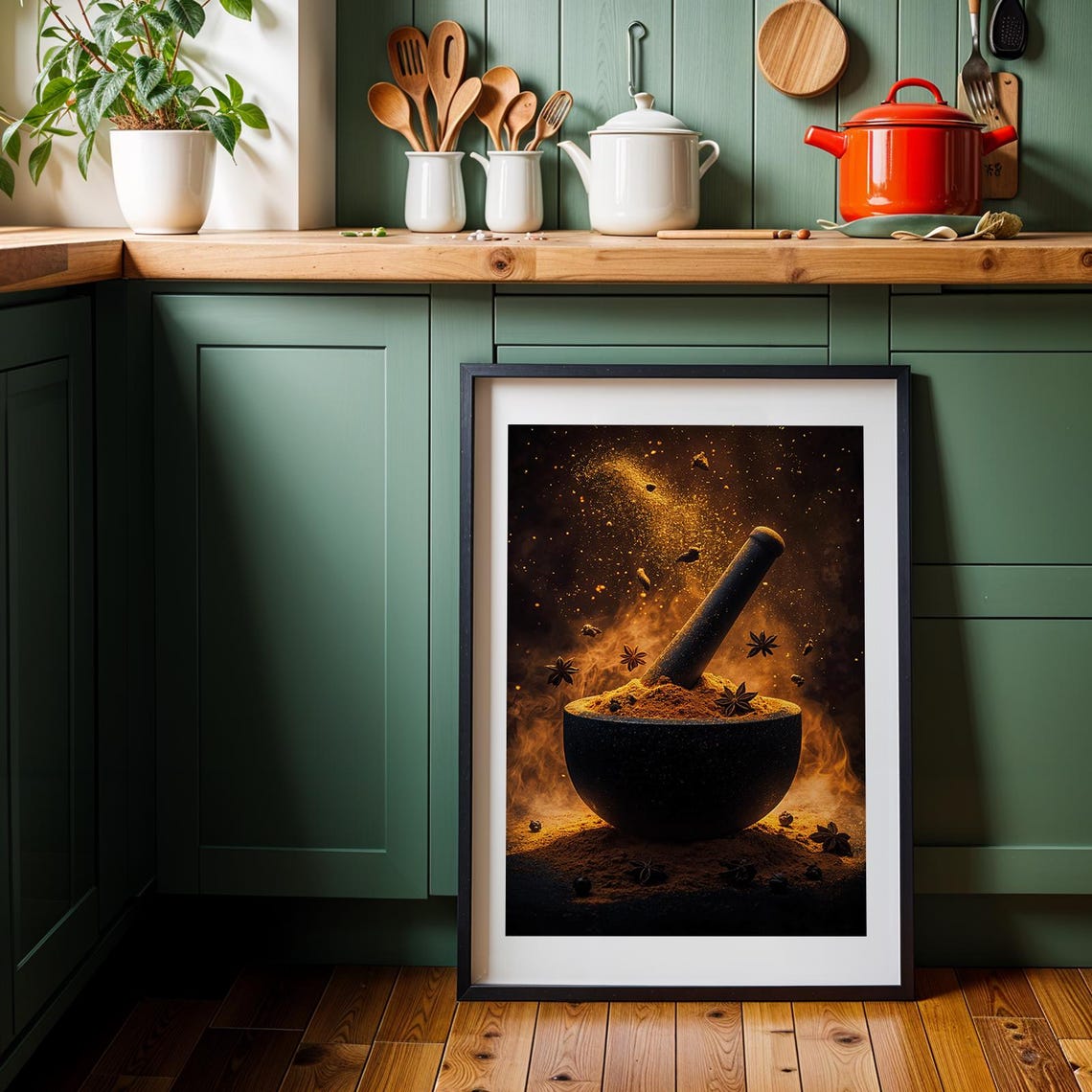 Mortar and Pestle Spices Star Anise Dark Moody Kitchen Art Poster