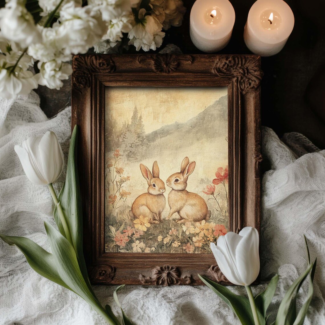 Two Rabbits Vintage Sepia Art Print, Easter Spring - Image 2