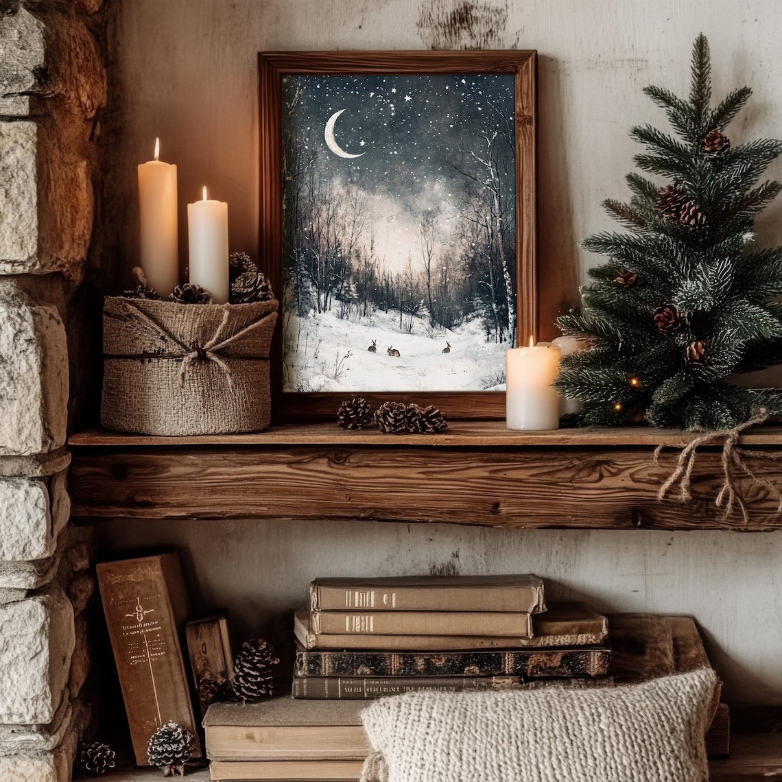 Winter Night Forest Rabbits Art Print, Cozy Vintage - Image 2