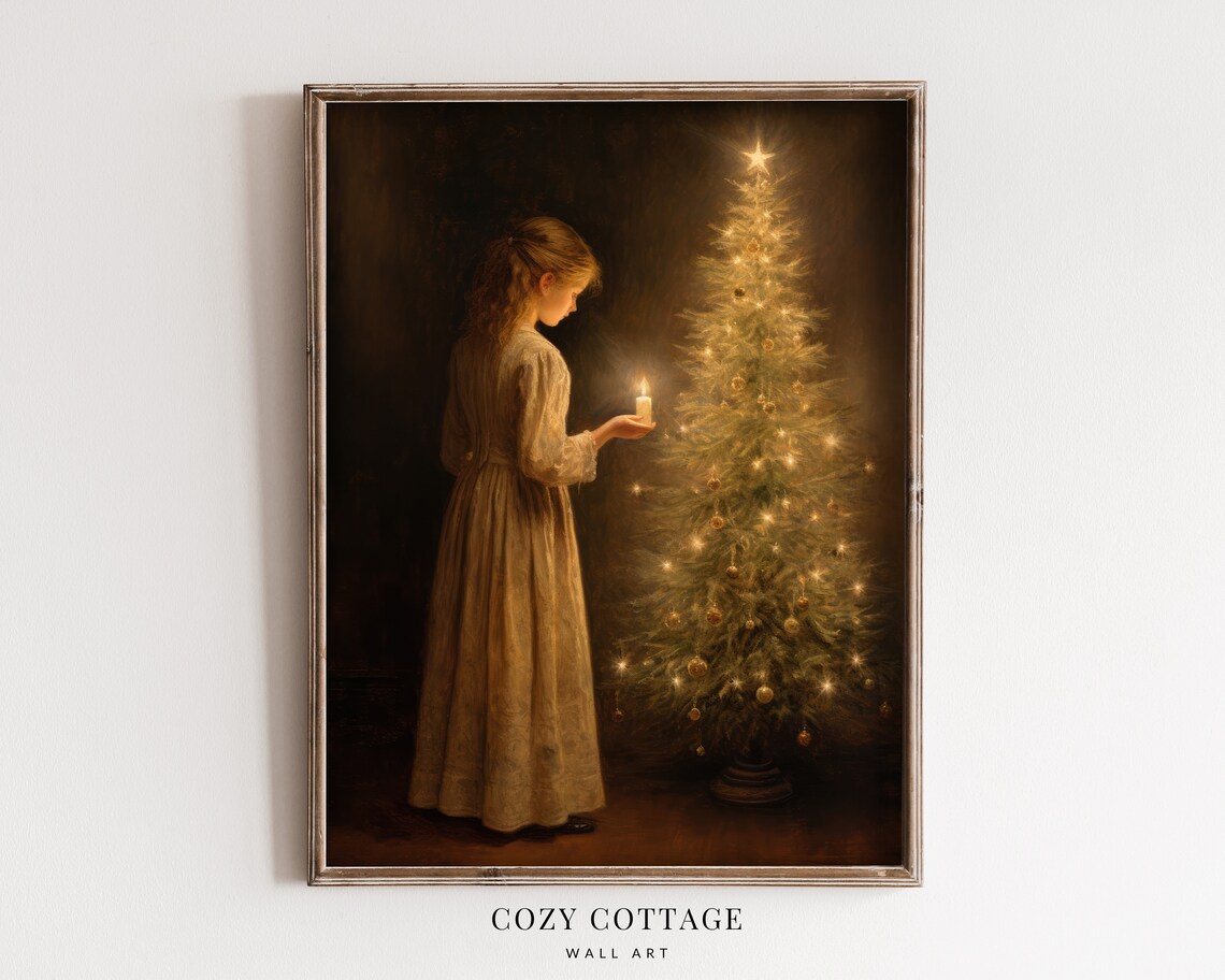 Festive Moody Christmas Tree, Vintage Style Painting