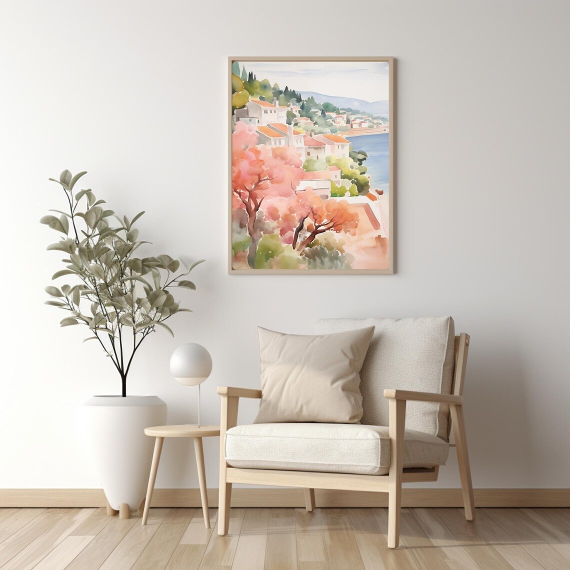 Greek Island Village Watercolor Coastal White Houses Hillside Poster - Image 2