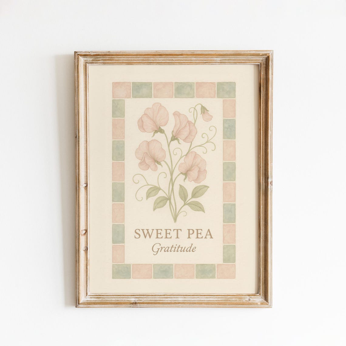 Sweet Pea Gratitude Botanical Pink Pastel Tile Border Art Poster